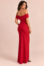 Robe longue rouge style Bardot, nœud et fente haute | Vue de dos | Lounelle Paris