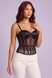 Top bustier noir à empiècements transparents | Vue rapprochée | Lounelle Paris