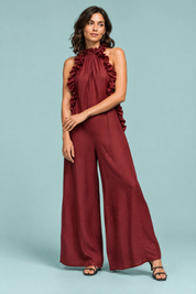 Robe longue rouge brique à volants et encolure américaine | Vue de face | Lounelle Paris