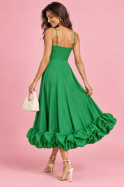 Robe midi verte évasée à bas volanté | Vue de dos | Lounelle Paris