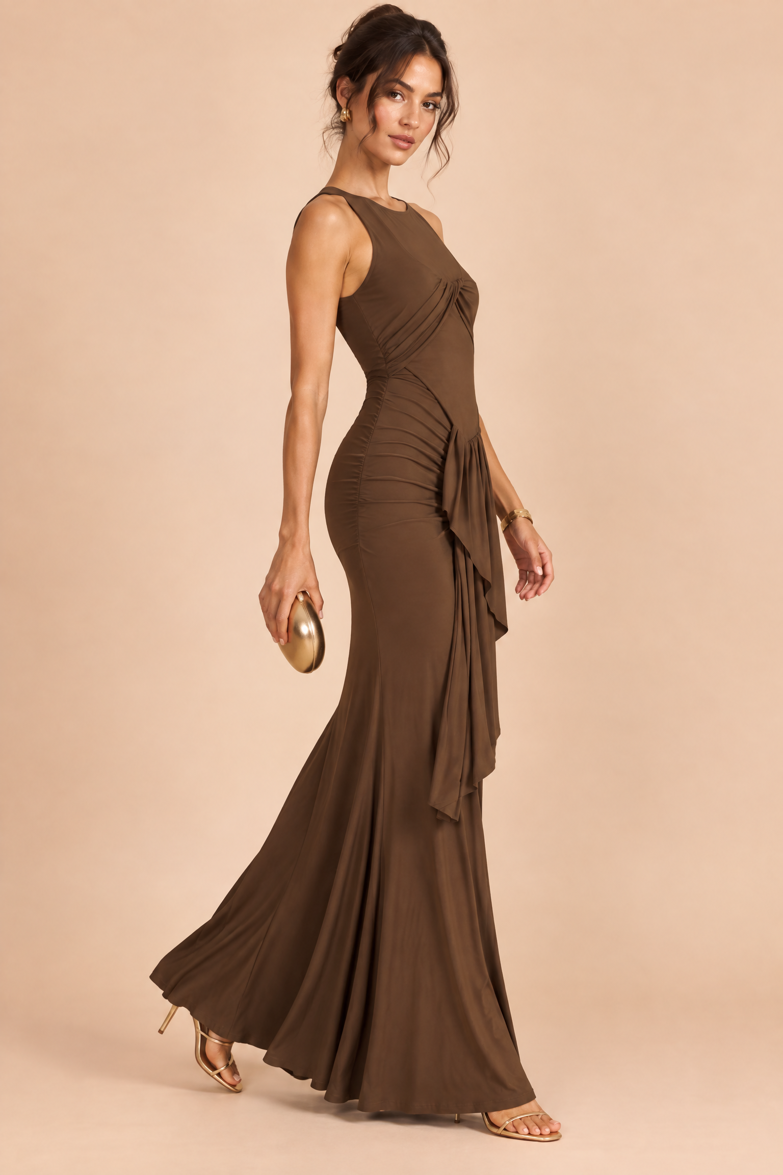 Robe longue marron drapée à découpe | Vue de dos | Lounelle Paris