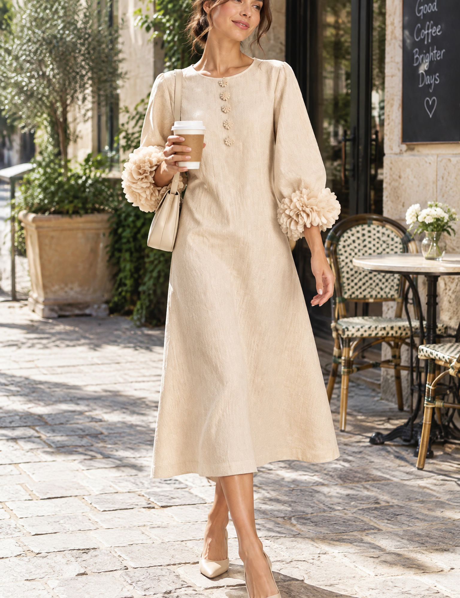 Robe midi beige coupe trapèze à manches bouffantes | Photo lifestyle | Lounelle Paris