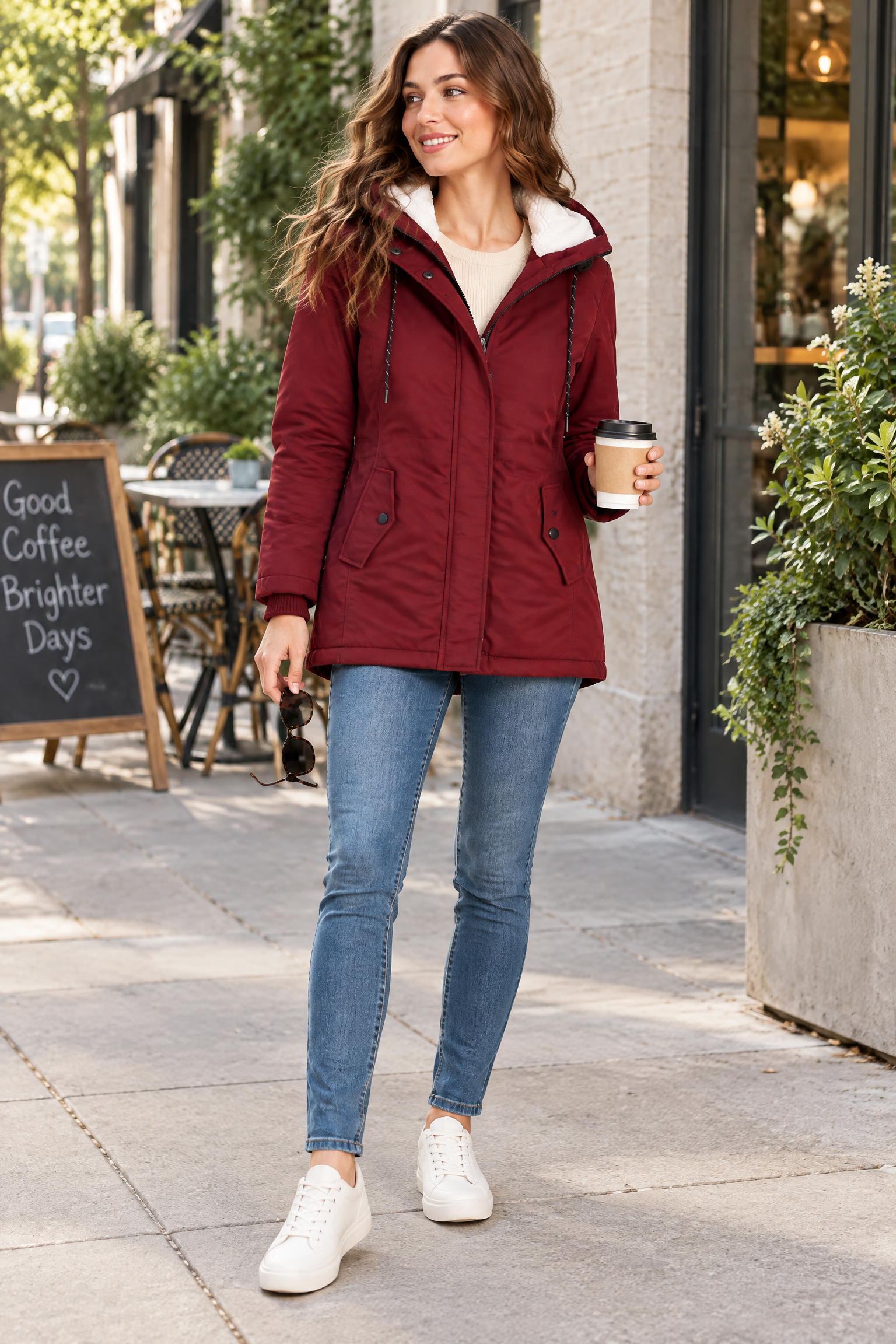 Parka bordeaux oversize à capuche | Photo lifestyle | Lounelle Paris