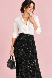 Jupe midi noire à franges et sequins | Vue rapprochée | Lounelle Paris