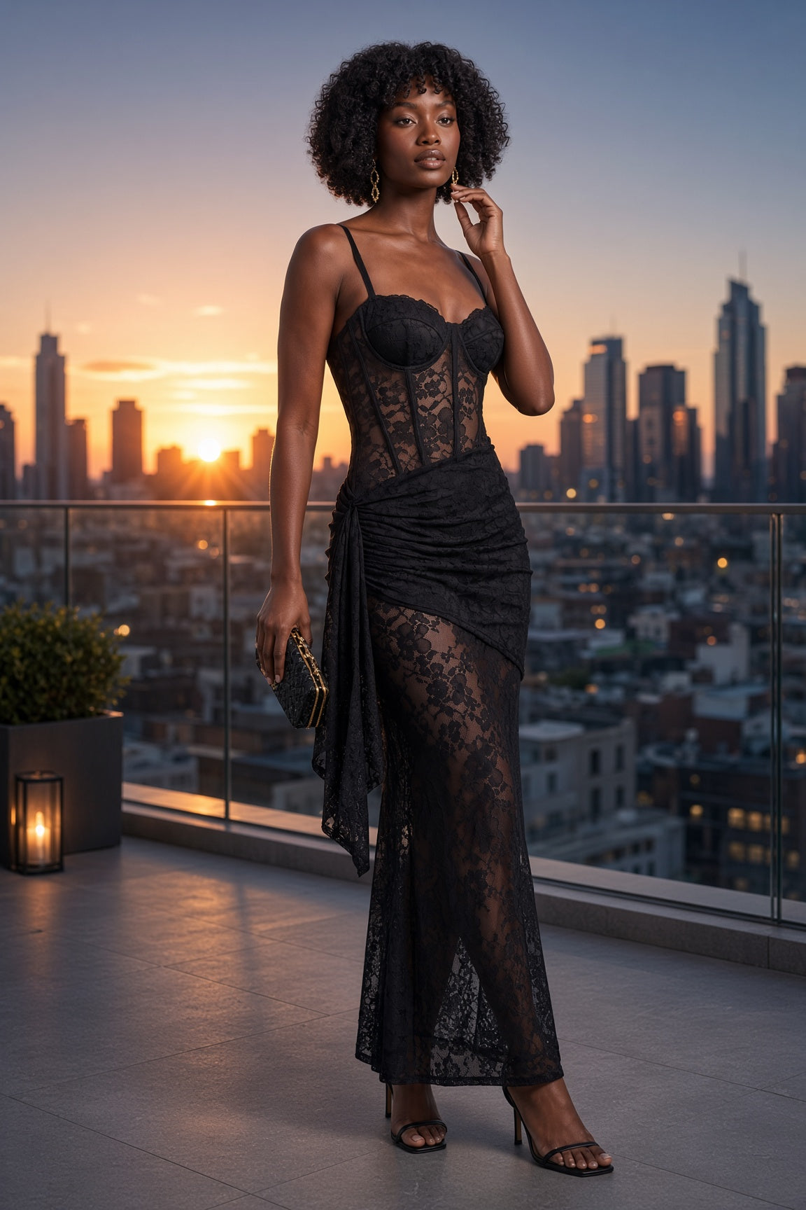 Robe longue en mesh à imprimé léopard, décolleté en V et fente haute devant — Noir | Deuxième photo lifestyle | Lounelle Paris