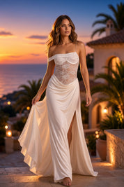 Robe longue blanche à empiècements en dentelle | Deuxième photo lifestyle | Lounelle Paris