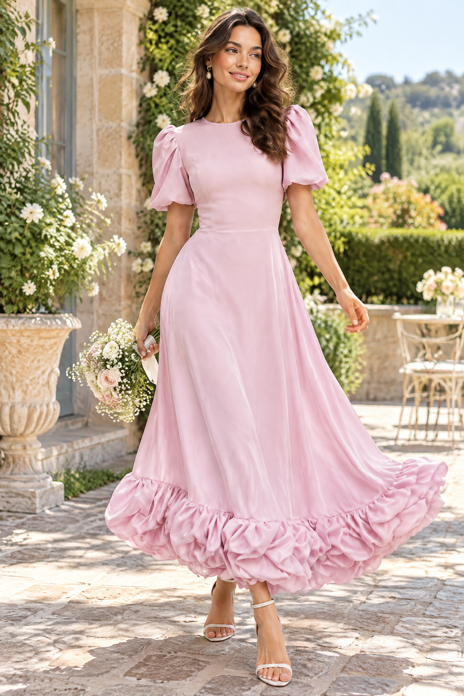 Robe longue rose à manches bouffantes et volant | Photo lifestyle | Lounelle Paris