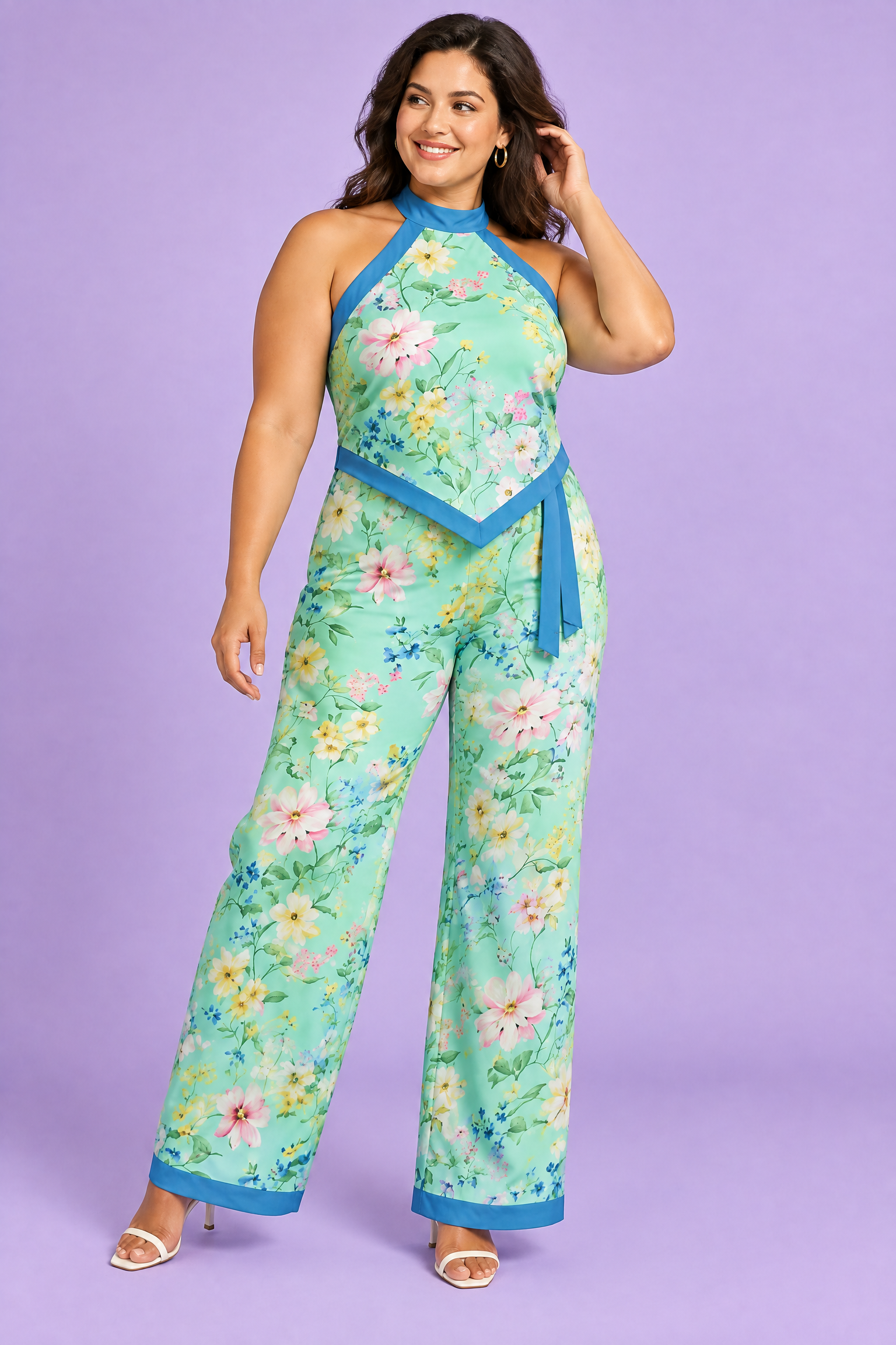 Combishort asymétrique vert menthe à imprimé floral et encolure dos nu | Porté sur une silhouette plus ronde | Lounelle Paris
