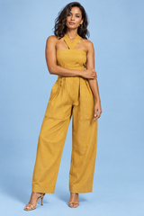 Jumpsuit med halterneck og vide ben – solsikkegul