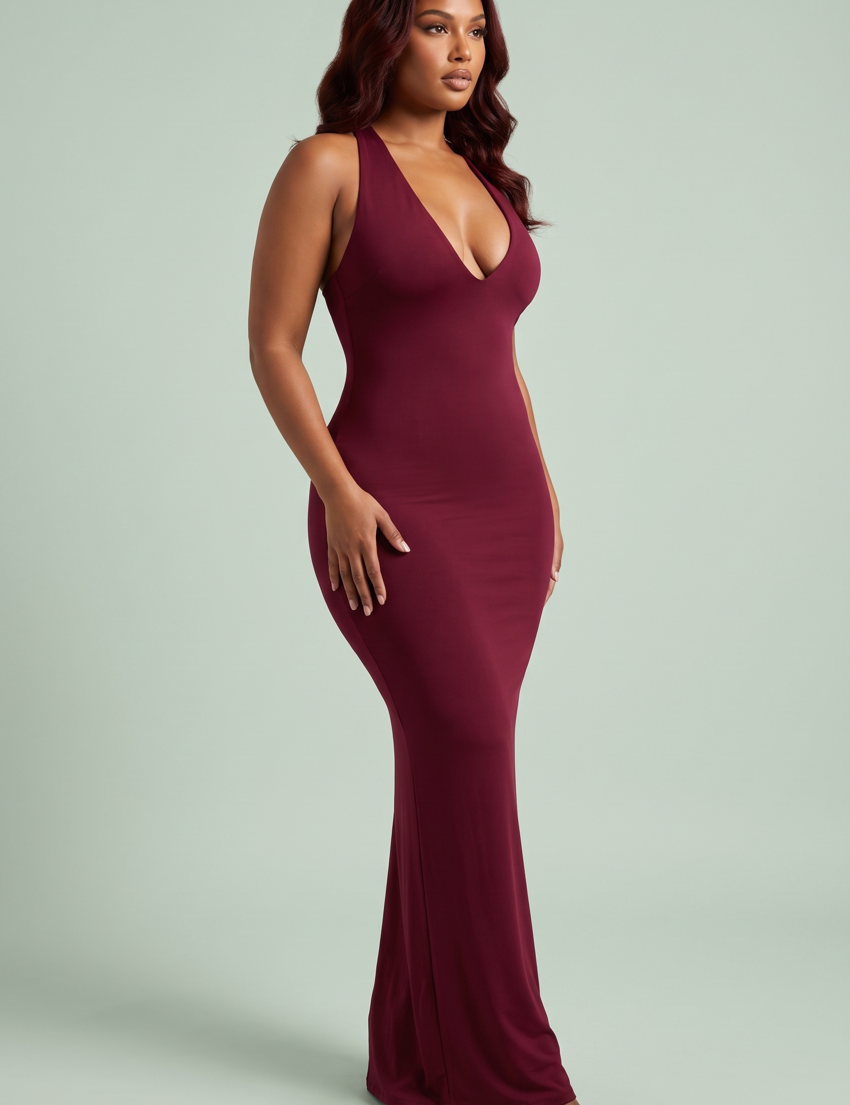 Robe longue bordeaux à décolleté plongeant avec gants | Vue de face | Lounelle Paris