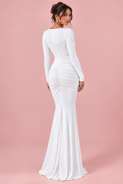 Robe longue blanche à encolure bateau et fronces | Vue de dos | Lounelle Paris
