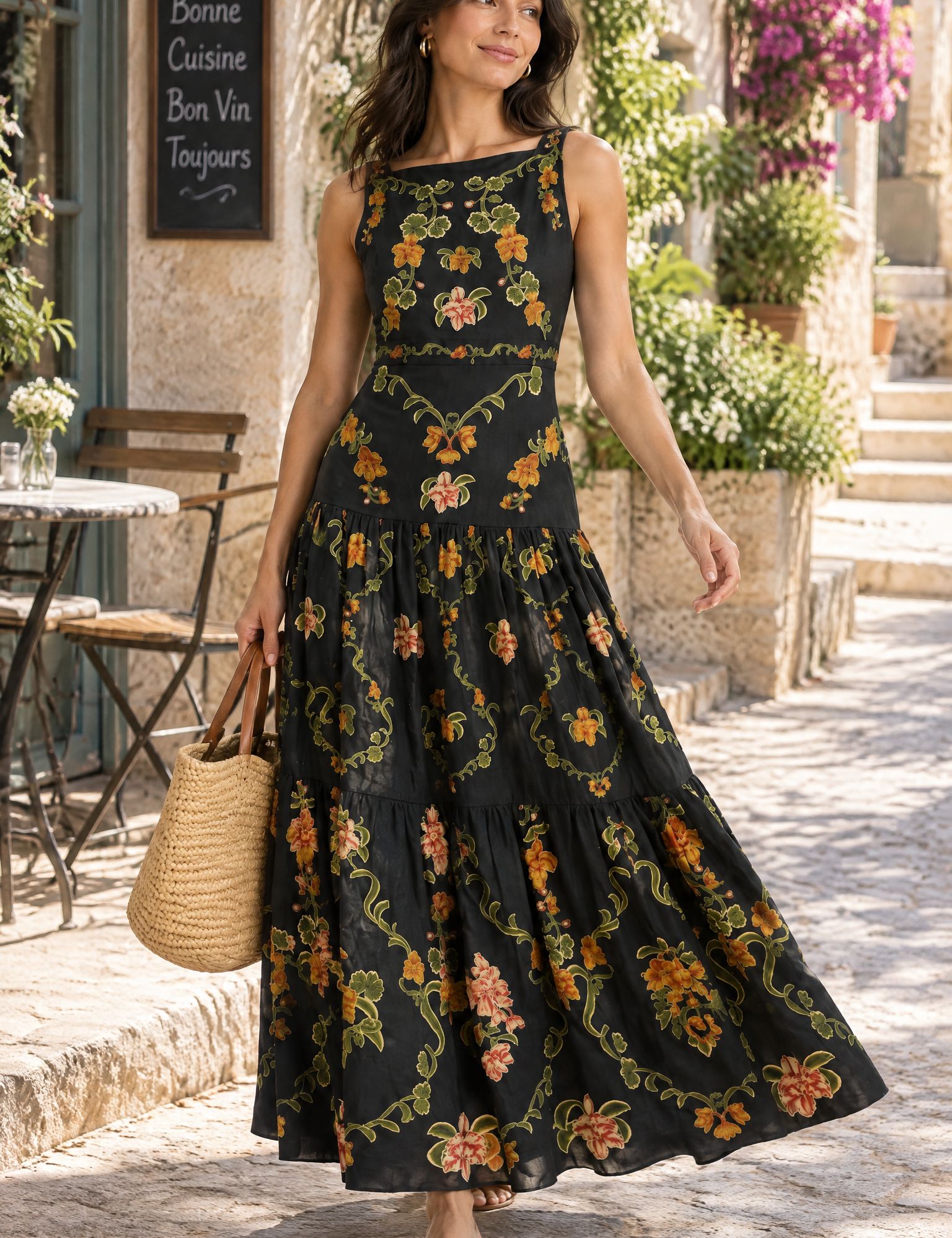 Robe longue noire fleurie à volants | Photo lifestyle | Lounelle Paris