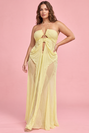 Robe longue jaune asymétrique à découpes | Porté sur une autre silhouette | Lounelle Paris