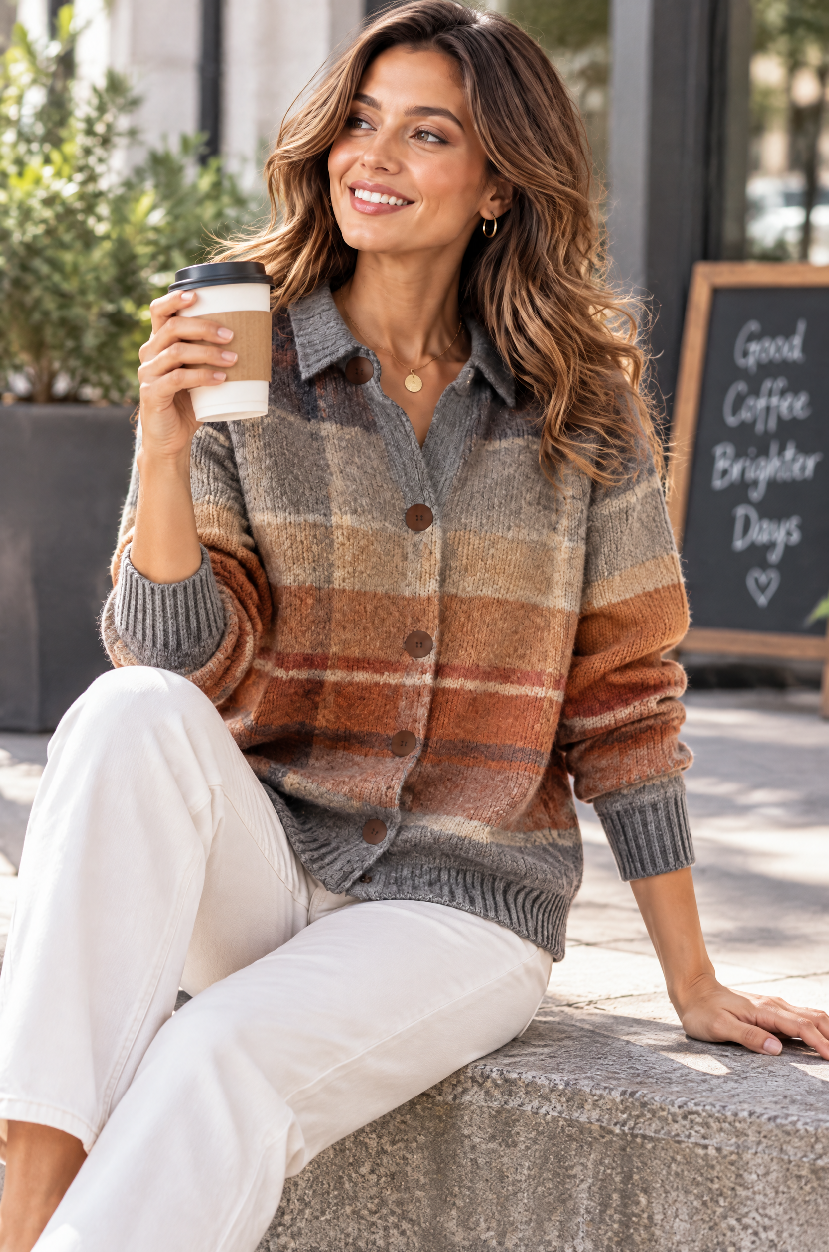 Gilet gris à carreaux avec col | Photo lifestyle | Lounelle Paris