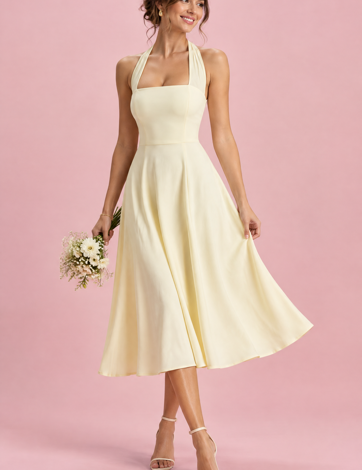 Robe midi patineuse jaune clair à col américain | Vue de face | Lounelle Paris