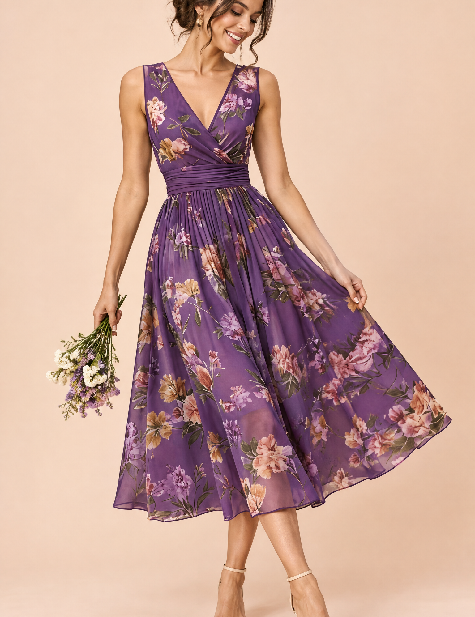 Robe midi violette à imprimé de bouquets floraux, col carré et coupe trapèze | Vue de face | Lounelle Paris