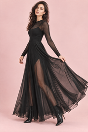 Robe longue noire à empiècements en mesh | Vue de dos | Lounelle Paris