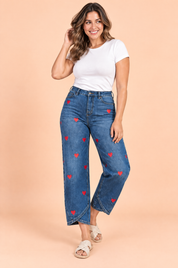 Pantalon bleu à imprimé floral et ourlet fendu | Porté sur une autre silhouette | Lounelle Paris