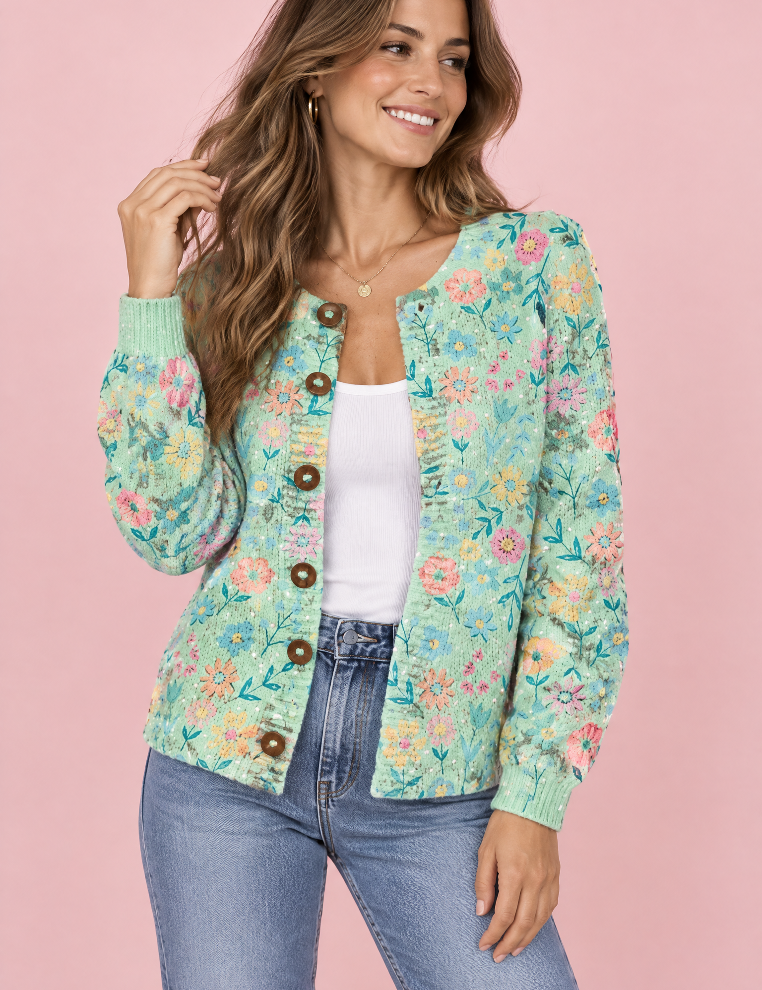 Cardigan vert menthe boutonné à col rond | Vue de face | Lounelle Paris