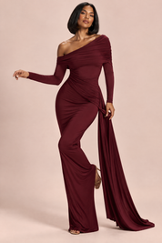 Robe longue bordeaux asymétrique à fronces et drapé | Vue en mouvement | Lounelle Paris