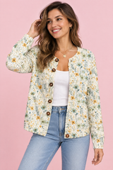 Blomstret cardigan med knapper i offwhite