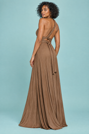 Robe longue portefeuille marron à col américain avec détail doré | Vue de dos | Lounelle Paris