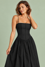 Robe longue noire à corset | Vue rapprochée | Lounelle Paris