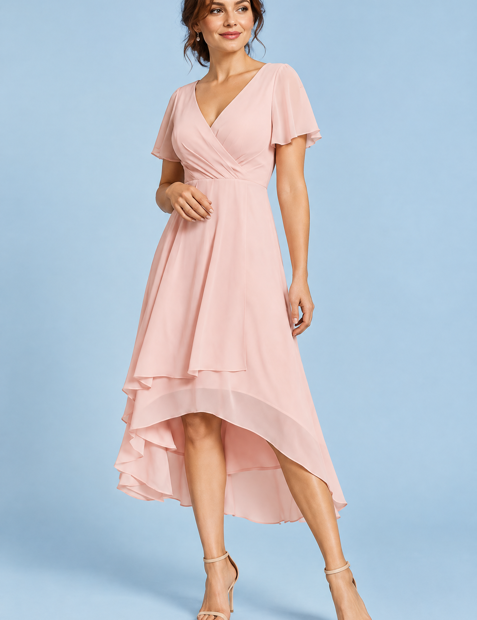Robe rose à manches volantées et ourlet asymétrique | Vue de face | Lounelle Paris