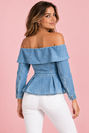 Blouse bleu clair à épaules dénudées et basque | Vue de dos | Lounelle Paris