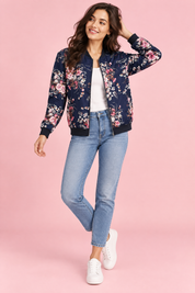 Veste bomber fleurie ajustée bleu marine | Vue de face | Lounelle Paris