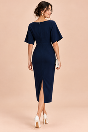 Robe midi bleu marine avec cape amovible | Vue de dos | Lounelle Paris