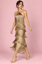 Robe longue dorée dos nu à franges superposées | Vue en mouvement | Lounelle Paris