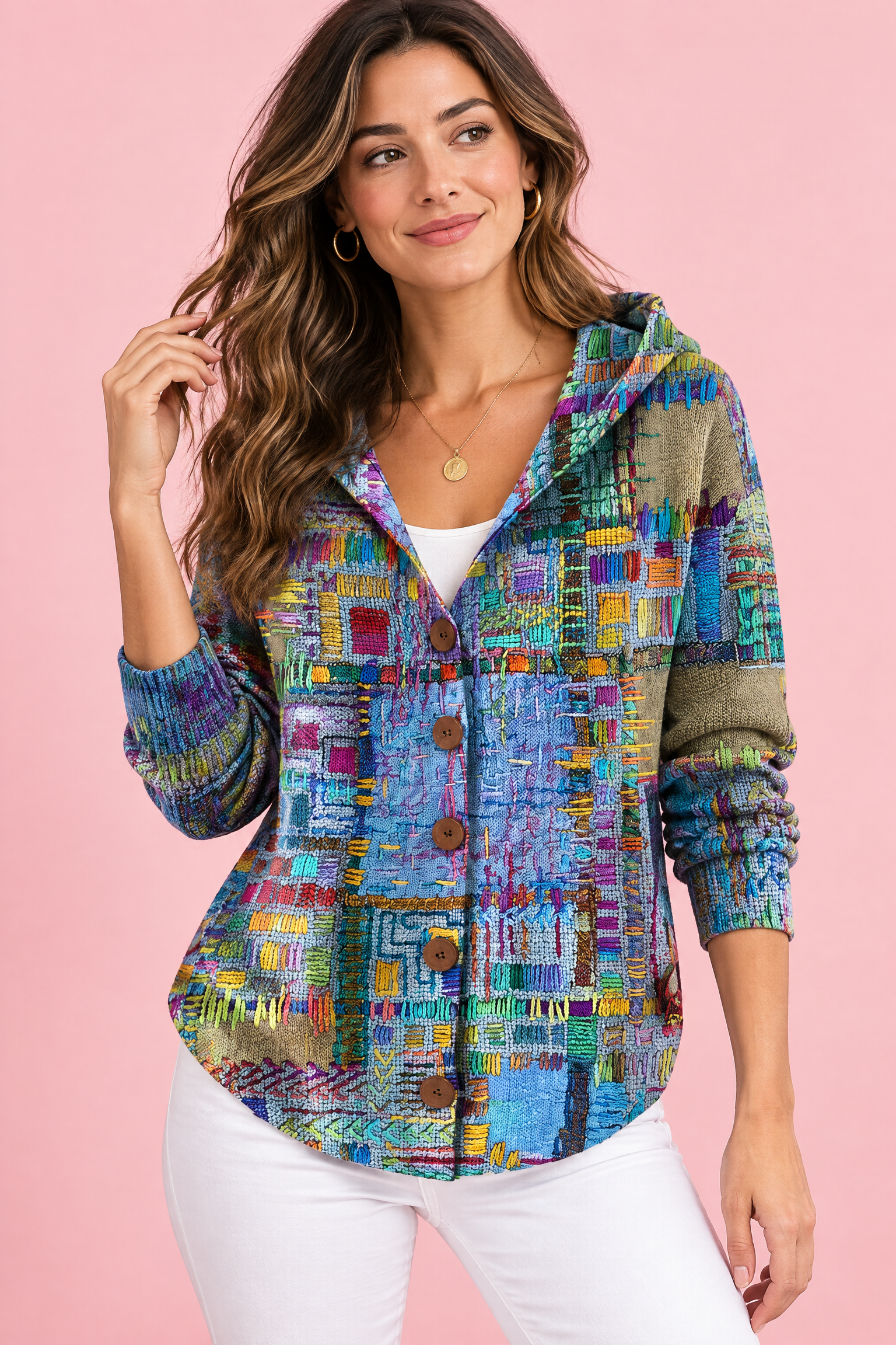 Gilet bleu à capuche boutonné | Vue de face | Lounelle Paris