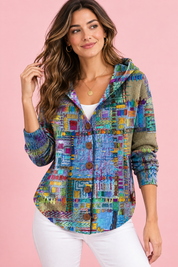 Gilet bleu à capuche boutonné | Vue de face | Lounelle Paris