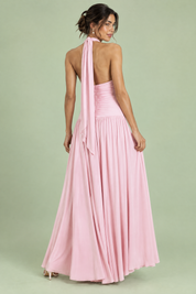 Robe longue rose poudré à décolleté plongeant et fronces | Vue de dos | Lounelle Paris