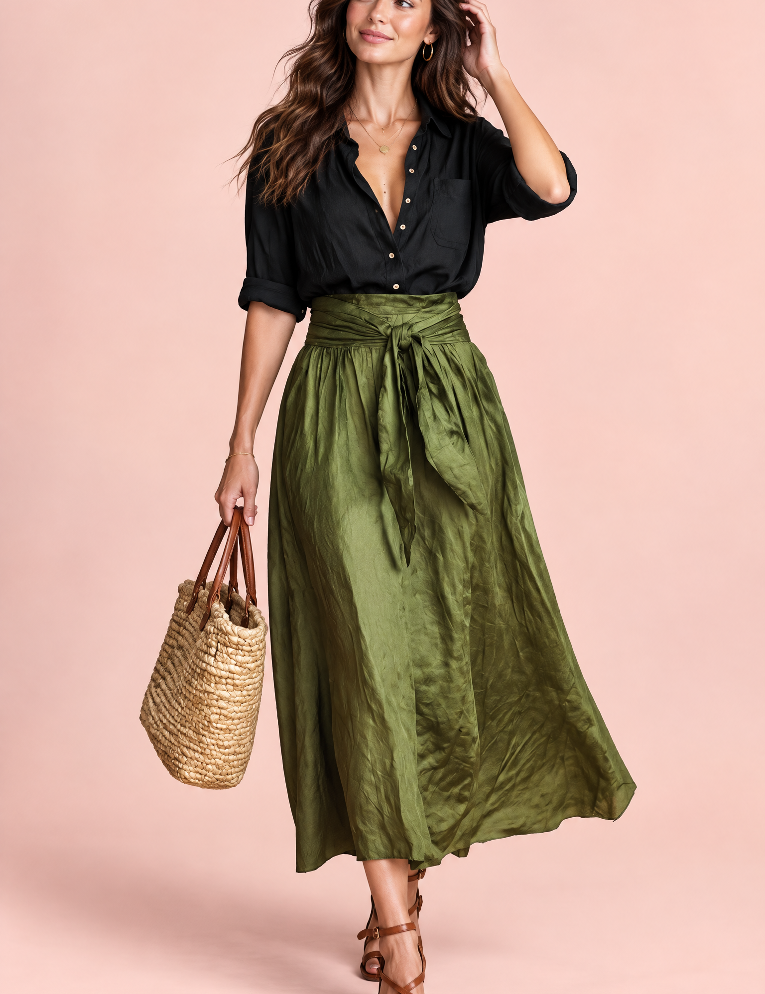 Ensemble chemise et jupe longue vert olive à taille nouée | Vue de face | Lounelle Paris