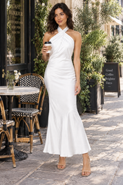 Robe longue blanche dos nu à col américain | Photo lifestyle | Lounelle Paris