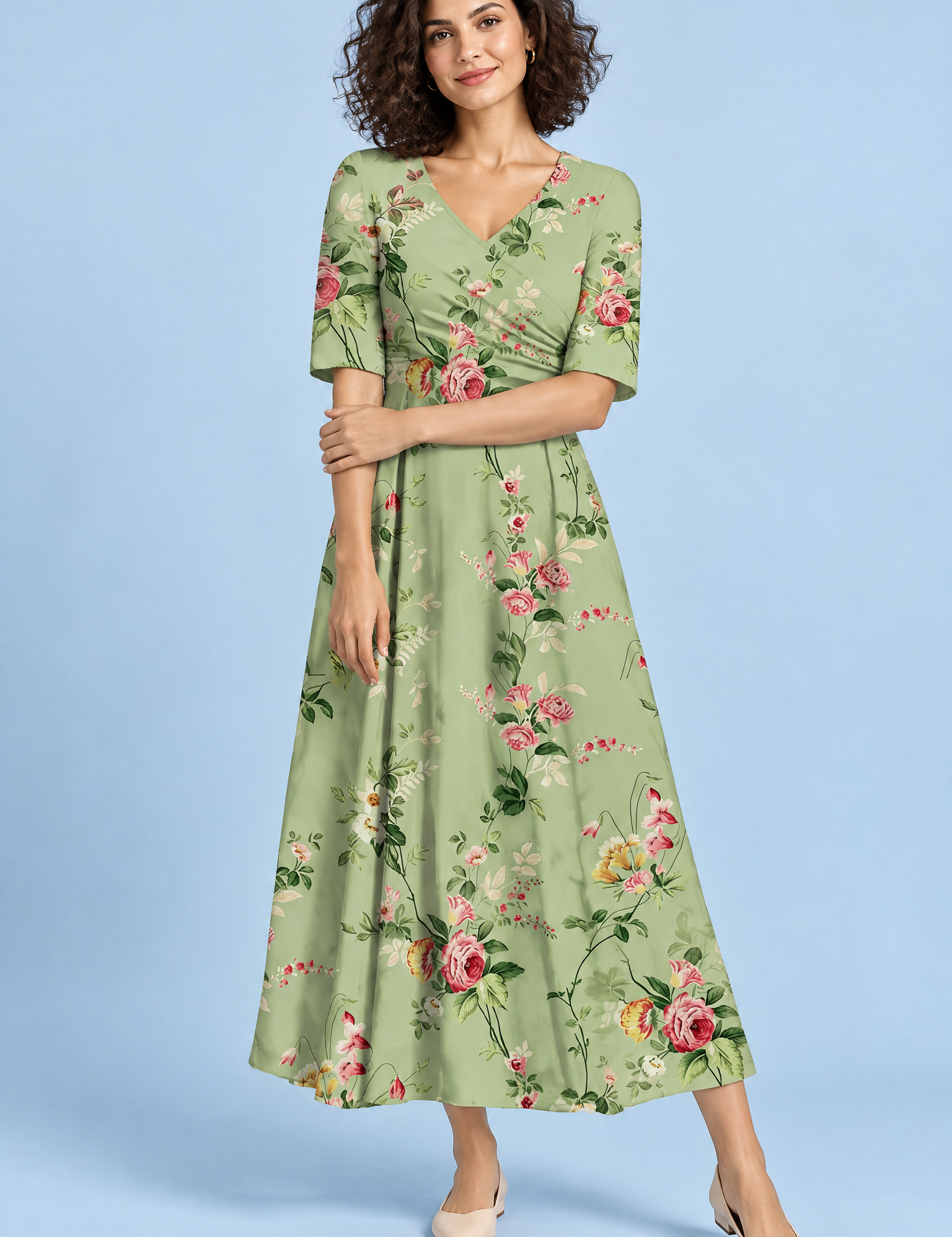 Robe longue verte à col V | Vue de face | Lounelle Paris