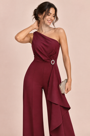 Combinaison pantalon bordeaux à encolure carrée festonnée | Vue rapprochée | Lounelle Paris