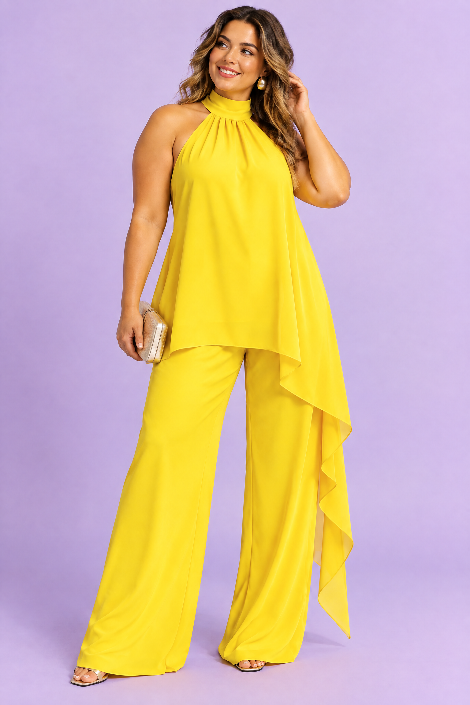 Ensemble pantalon fluide jaune sans manches | Porté sur une silhouette plus ronde | Lounelle Paris