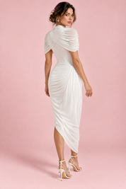 Robe blanche asymétrique drapée | Vue de dos | Lounelle Paris