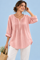 Pink bomuldsbluse med rund hals og plisseringer