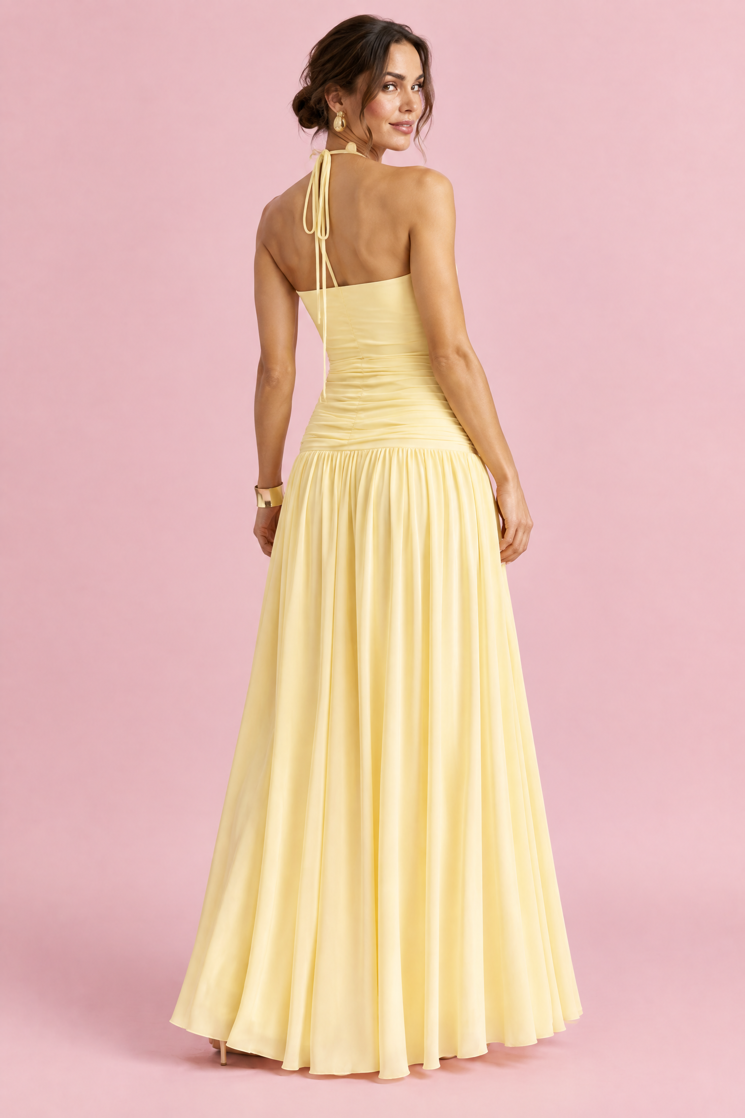 Robe longue jaune clair à encolure carrée et fronces | Vue de dos | Lounelle Paris