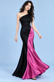 Robe longue noire et rose magenta à une épaule | Vue en mouvement | Lounelle Paris