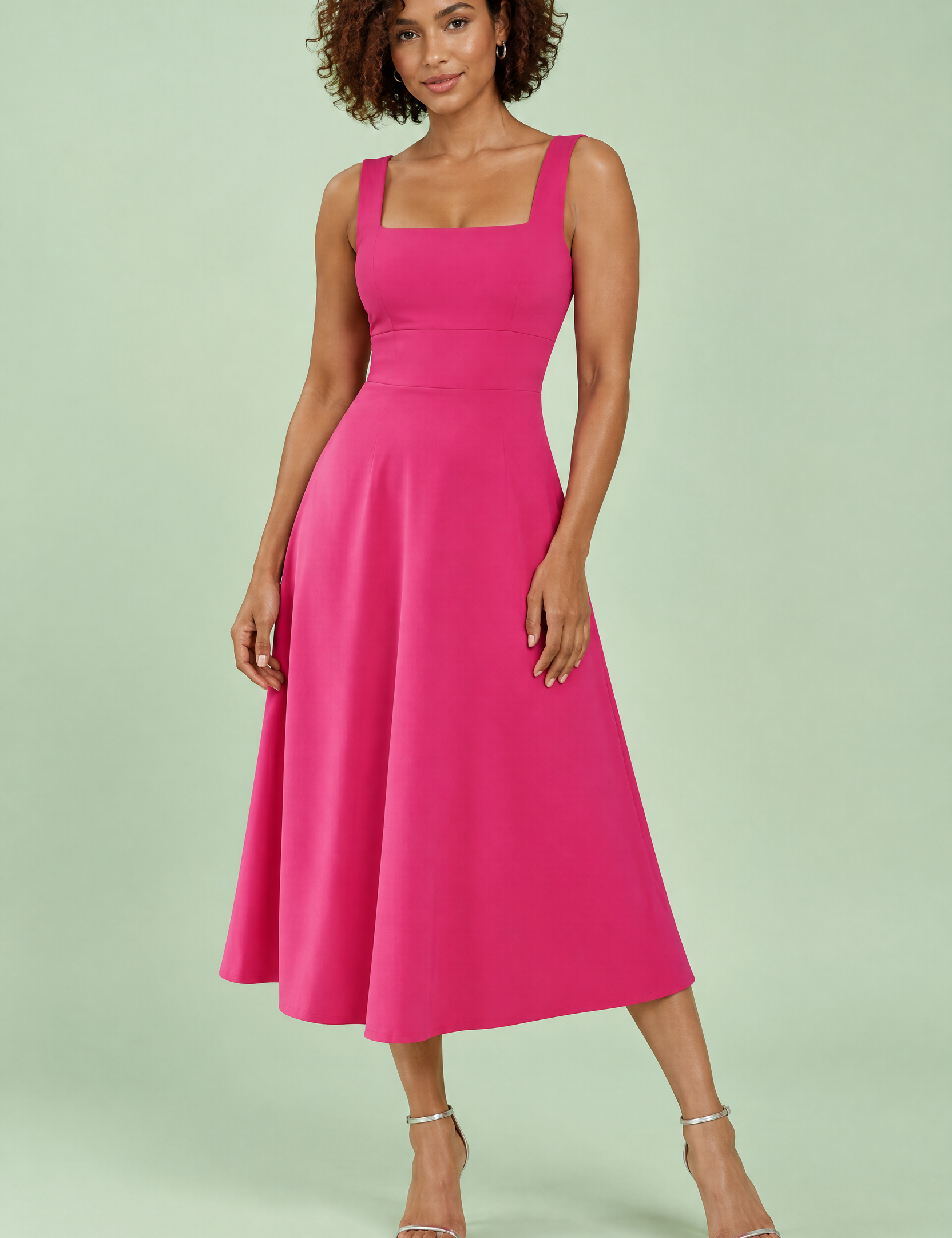 Robe midi rose vif à fines bretelles et jupe évasée | Vue de face | Lounelle Paris