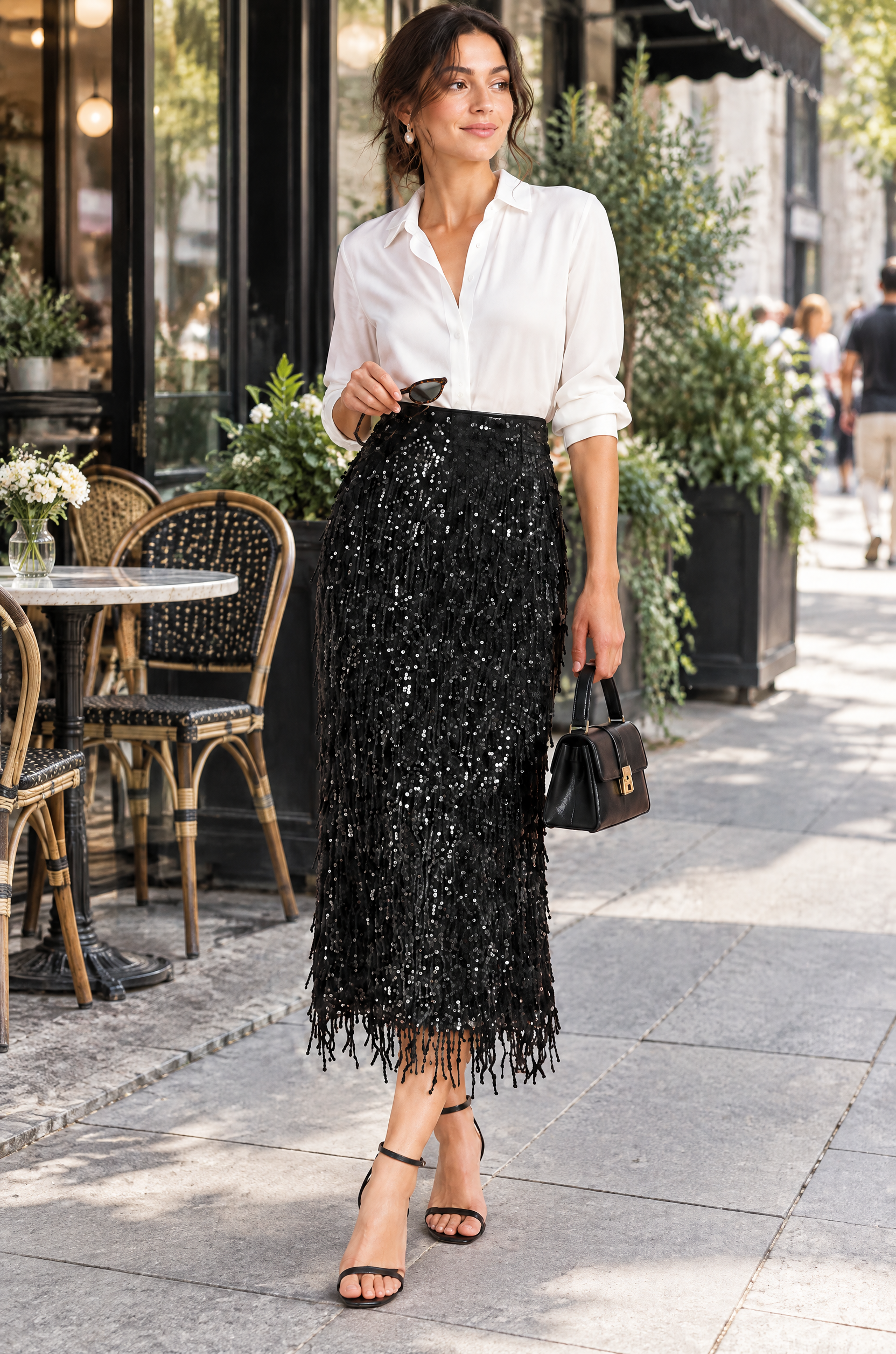 Jupe midi noire à franges et sequins | Photo lifestyle | Lounelle Paris