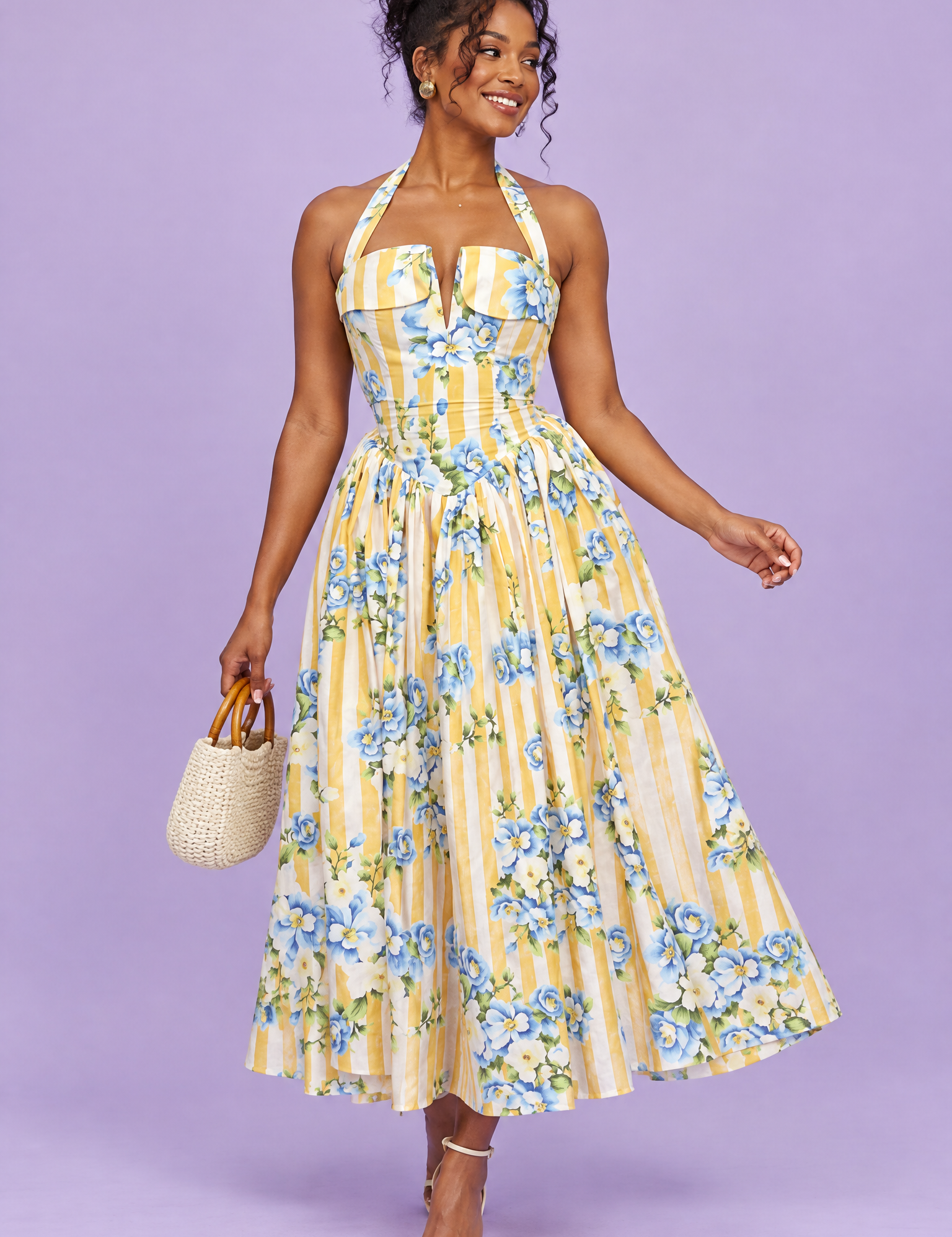 Robe longue jaune dos nu à rayures et motifs floraux | Vue de face | Lounelle Paris