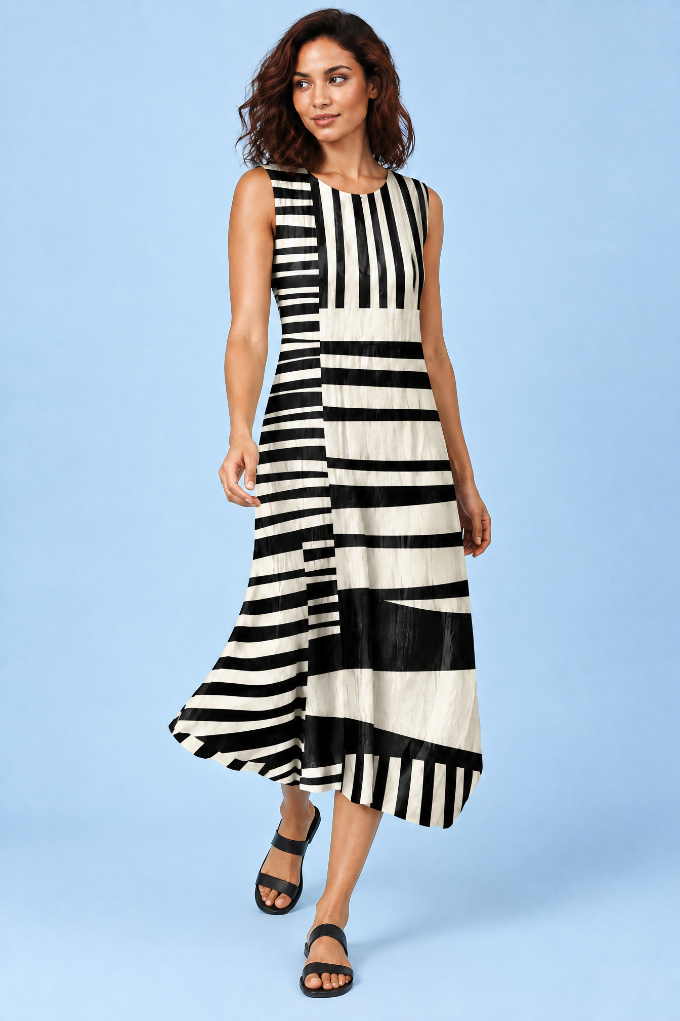 Robe midi noire rayée sans manches | Vue en mouvement | Lounelle Paris