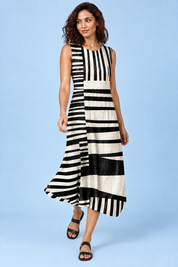 Robe midi noire rayée sans manches | Vue en mouvement | Lounelle Paris