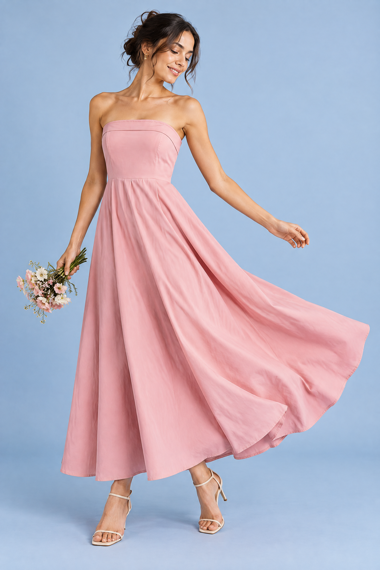 Robe midi évasée bustier — rose clair | Vue en mouvement | Lounelle Paris